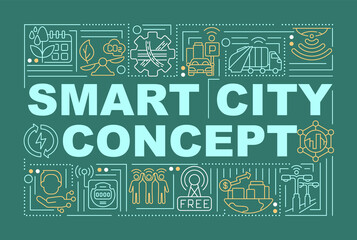 Wall Mural - Smart urban area word concepts banner. Intelligent management of city. Infographics with linear icons on green background. Isolated creative typography. Vector outline color illustration with text