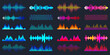 © 32 pixels - Blue and red colorful sound waves collection. Analog and digital audio signal. Music equalizer. Interference voice recording. High frequency radio wave. Vector illustration.