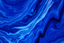 Fluid Art Texture. Abstract Backdrop With Mixing Paint Effect. Liquid Acrylic Picture That Flows And Splashes. Classic Blue Color Of The Year 2020. Blue, White And Indigo Overflowing Colors.