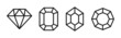 Gems stone black lines icons set : Diamond, Sapphire, Emerald, Ruby. Isolated jewels symbols on white background. Gemstones collection. Vector illustration.
