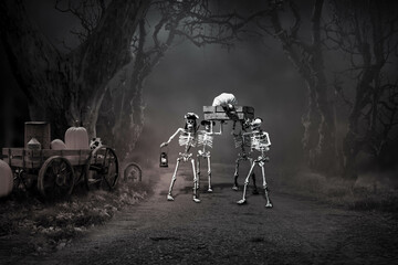 A skeletonized black-and-white image of a ghoul carrying a coffin out of the cemetery in the middle of the night, frighteningly.