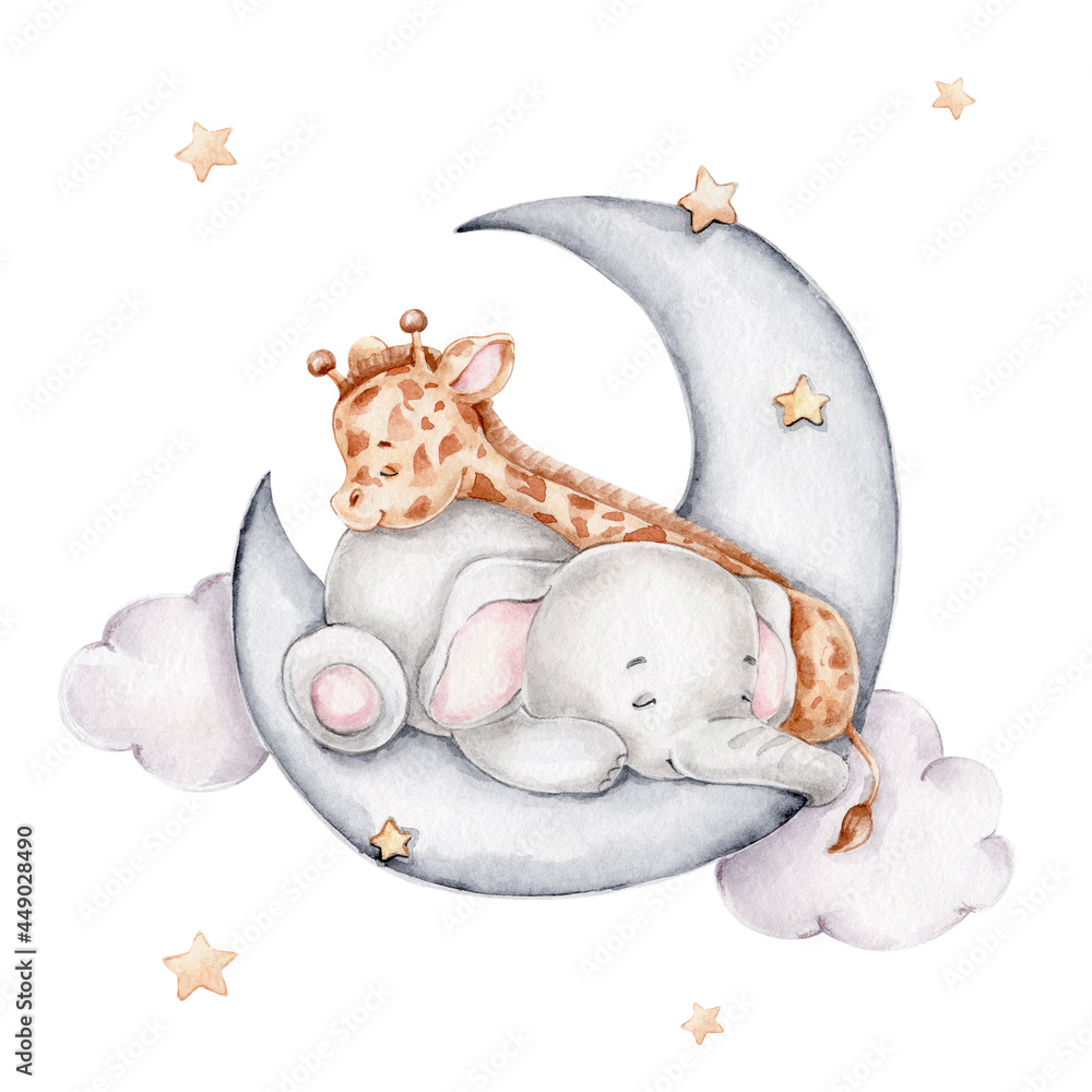 Cute giraffe and elephant sleeping on the moon; watercolor hand drawn illustration; with white isolated background - obrazy, fototapety, plakaty 