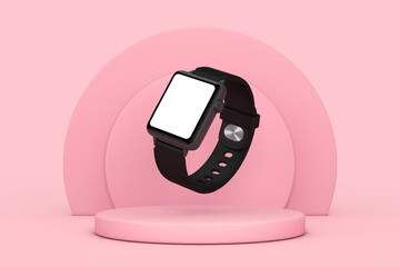 Aufkleber - Black Modern Smart Watch Mockup and Strap with Blank Screen for Your Design over Pink Cylinders Products Stage Pedestal. 3d Rendering