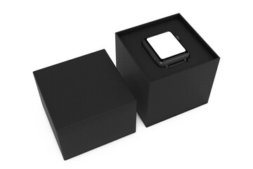 Fototapete - Black Modern Smart Watch Mockup and Strap with Black Gift Box. 3d Rendering