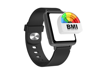 Fototapete - Black Modern Smart Watch Mockup and Strap with BMI or Body Mass Index Scale Meter Dial Gage Icon. 3d Rendering