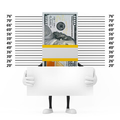 Aufkleber - Stack of One Hundred Dollar Bills Person Character Mascot with Identification Plate in front of Police Lineup or Mugshot Background. 3d Rendering