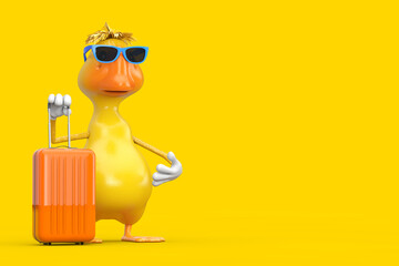 Poster - Cute Yellow Cartoon Duck Person Character Mascot with Orange Travel Suitcase. 3d Rendering