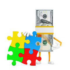 Aufkleber - Stack of One Hundred Dollar Bills Person Character Mascot with Four Pieces of Colorful Jigsaw Puzzle. 3d Rendering