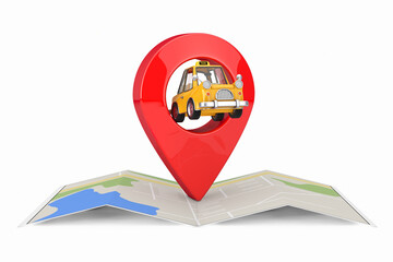 Fototapete - Yellow Cartoon Taxi Car with Red Map Pointer Target Pin over Abstract Map. 3d Rendering