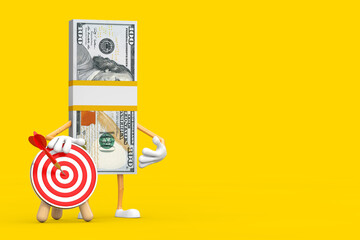 Aufkleber - Stack of One Hundred Dollar Bills Person Character Mascot with Archery Target and Dart in Center. 3d Rendering