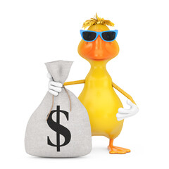 Poster - Cute Yellow Cartoon Duck Person Character Mascot with Tied Rustic Canvas Linen Money Sack or Money Bag with Dollar Sign. 3d Rendering