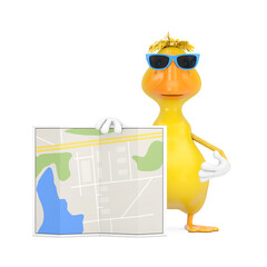 Poster - Cute Yellow Cartoon Duck Person Character Mascot with Abstract City Plan Map. 3d Rendering