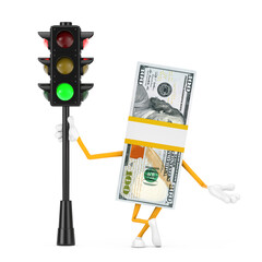 Aufkleber - Stack of One Hundred Dollar Bills Person Character Mascot with Traffic Green Light. 3d Rendering