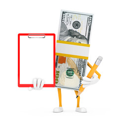 Aufkleber - Stack of One Hundred Dollar Bills Person Character Mascot with Red Plastic Clipboard, Paper and Pencil. 3d Rendering