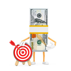 Aufkleber - Stack of One Hundred Dollar Bills Person Character Mascot with Archery Target and Dart in Center. 3d Rendering