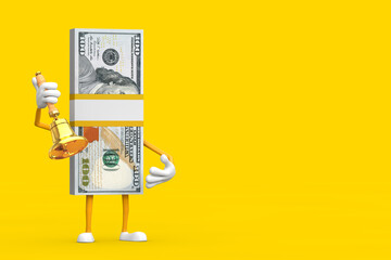 Leinwandbilder - Stack of One Hundred Dollar Bills Person Character Mascot with Vintage Golden School Bell. 3d Rendering