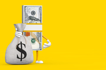 Poster - Stack of One Hundred Dollar Bills Person Character Mascot with Tied Rustic Canvas Linen Money Sack or Money Bag with Dollar Sign. 3d Rendering