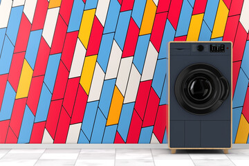 Poster - Abstract Modern Fashion Elegant Wooden Washing Machine in front of White Brick Wall. 3d Rendering