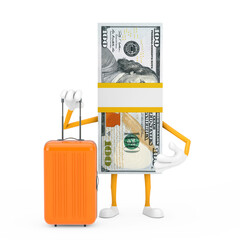 Aufkleber - Stack of One Hundred Dollar Bills Person Character Mascot with Orange Travel Suitcase. 3d Rendering