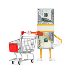 Aufkleber - Stack of One Hundred Dollar Bills Person Character Mascot with Shopping Cart Trolley. 3d Rendering
