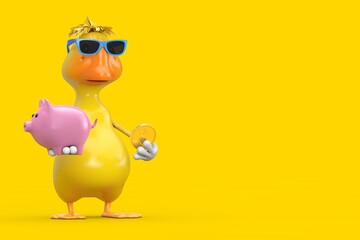 Aufkleber - Cute Yellow Cartoon Duck Person Character Mascot with Piggy Bank and Golden Dollar Coin. 3d Rendering
