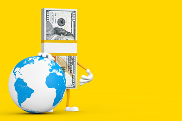 Aufkleber - Stack of One Hundred Dollar Bills Person Character Mascot with Earth Worldwide Globe. 3d Rendering