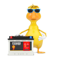Aufkleber - Cute Yellow Cartoon Duck Person Character Mascot and Rechargeable Car Battery 12V Accumulator with Abstract Label. 3d Rendering