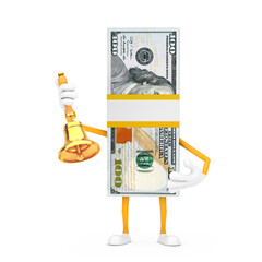 Leinwandbilder - Stack of One Hundred Dollar Bills Person Character Mascot with Vintage Golden School Bell. 3d Rendering