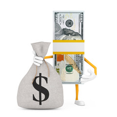 Poster - Stack of One Hundred Dollar Bills Person Character Mascot with Tied Rustic Canvas Linen Money Sack or Money Bag with Dollar Sign. 3d Rendering