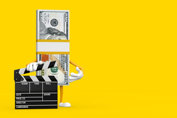 Leinwandbilder - Stack of One Hundred Dollar Bills Person Character Mascot with Movie Clapper Board. 3d Rendering
