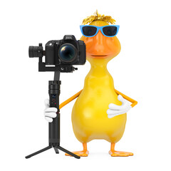 Leinwandbilder - Cute Yellow Cartoon Duck Person Character Mascot with DSLR or Video Camera Gimbal Stabilization Tripod System. 3d Rendering
