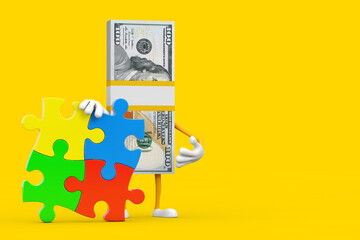Aufkleber - Stack of One Hundred Dollar Bills Person Character Mascot with Four Pieces of Colorful Jigsaw Puzzle. 3d Rendering