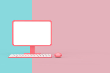 Leinwandbilder - Abstract Cartoon Pink Desktop Computer with Mouse, Keyboard and Blank Screen for Your Design in Duotone Style. 3d Rendering