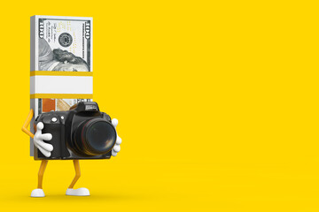 Poster - Stack of One Hundred Dollar Bills Person Character Mascot with Modern Digital Photo Camera. 3d Rendering