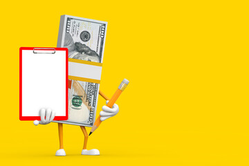 Aufkleber - Stack of One Hundred Dollar Bills Person Character Mascot with Red Plastic Clipboard, Paper and Pencil. 3d Rendering