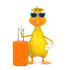 Poster - Cute Yellow Cartoon Duck Person Character Mascot with Orange Travel Suitcase. 3d Rendering