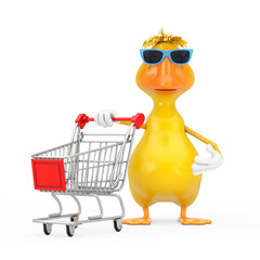 Poster - Cute Yellow Cartoon Duck Person Character Mascot with Shopping Cart Trolley. 3d Rendering