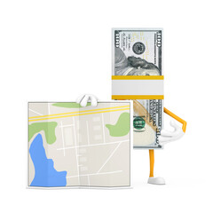 Poster - Stack of One Hundred Dollar Bills Person Character Mascot with Abstract City Plan Map. 3d Rendering