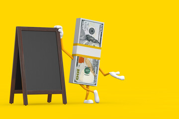Aufkleber - Stack of One Hundred Dollar Bills Person Character Mascot with Blank Wooden Menu Blackboards Outdoor Display. 3d Rendering