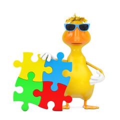 Aufkleber - Cute Yellow Cartoon Duck Person Character Mascot with Four Pieces of Colorful Jigsaw Puzzle. 3d Rendering
