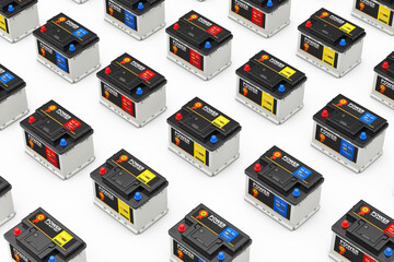 Poster - Rows of Rechargeable Car Battery 12V Accumulators with Abstract Label. 3d Rendering