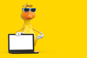 Leinwandbilder - Cute Yellow Cartoon Duck Person Character Mascot with Modern Laptop Computer Notebook and Blank Screen for Your Design. 3d Rendering