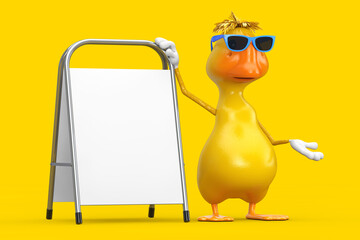 Leinwandbilder - Cute Yellow Cartoon Duck Person Character Mascot with White Blank Advertising Promotion Stand. 3d Rendering
