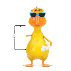 Aufkleber - Cute Yellow Cartoon Duck Person Character Mascot and Modern Mobile Phone with Blank Screen for Your Design. 3d Rendering
