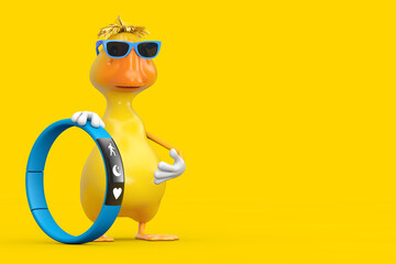 Aufkleber - Cute Yellow Cartoon Duck Person Character Mascot with Blue Fitness Tracker. 3d Rendering