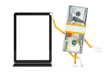 Poster - Stack of One Hundred Dollar Bills Person Character Mascot with Blank Trade Show LCD Screen Stand as Template for Your Design. 3d Rendering