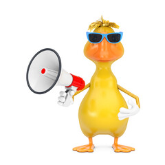 Aufkleber - Cute Yellow Cartoon Duck Person Character Mascot with Red Retro Megaphone. 3d Rendering