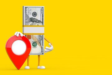 Leinwandbilder - Stack of One Hundred Dollar Bills Person Character Mascot with Red Map Pointer Target Pin. 3d Rendering