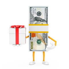 Aufkleber - Stack of One Hundred Dollar Bills Person Character Mascot with Gift Box and Red Ribbon. 3d Rendering
