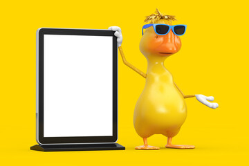 Leinwandbilder - Cute Yellow Cartoon Duck Person Character Mascot with Blank Trade Show LCD Screen Stand as Template for Your Design. 3d Rendering